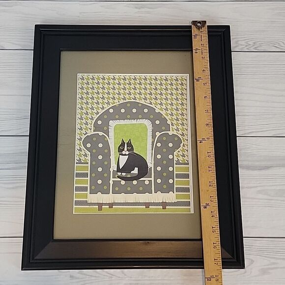Handmade paper art collage of cat on couch Framed 17" X 14" - Picture 6 of 7